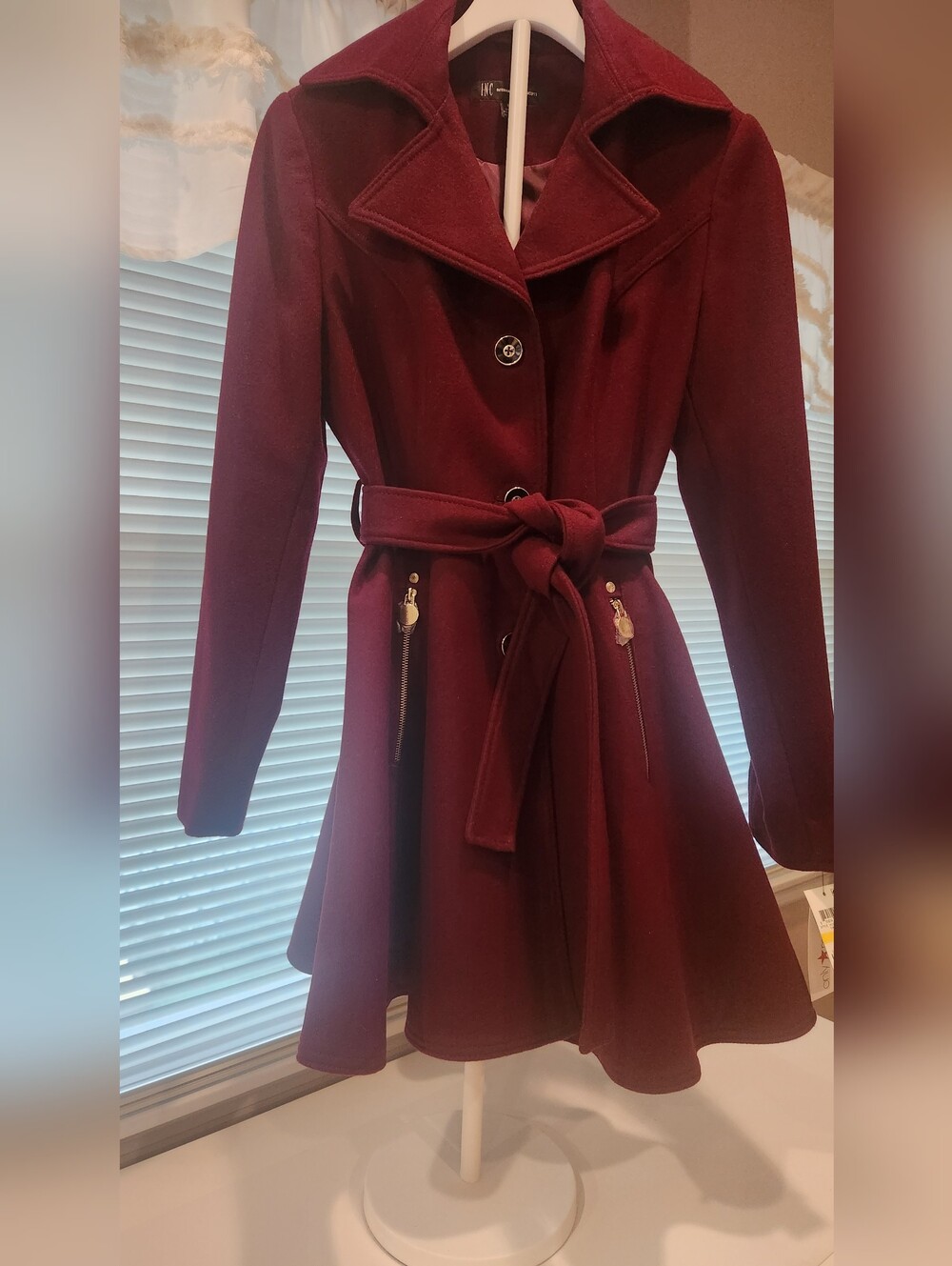INC International Concepts Women’s Burgundy Belted Pea Coat